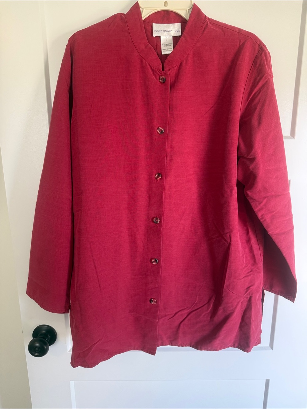 Susan Graver Deep Red Mandarin-Collar Button-Front Shirt